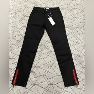Black Skinny Pants with Red Zipper Accents